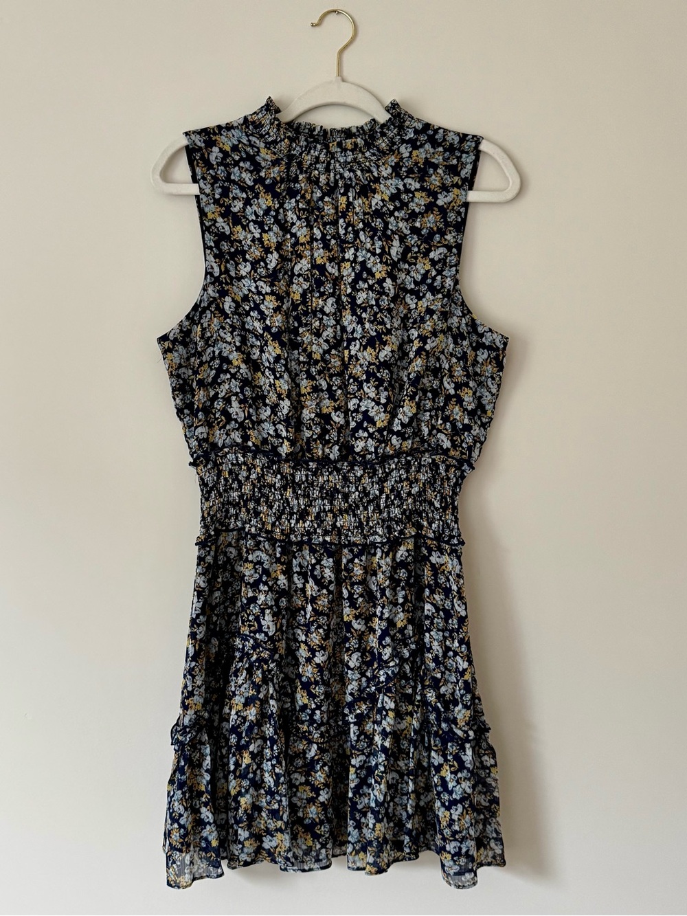 1. State Floral Chiffon Smocked Waist Tiered Mini Dress, Navy Blue – Size Large